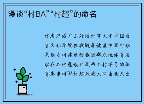 漫谈“村BA”“村超”的命名