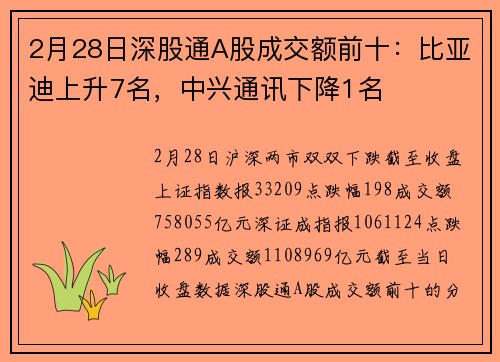2月28日深股通A股成交额前十：比亚迪上升7名，中兴通讯下降1名