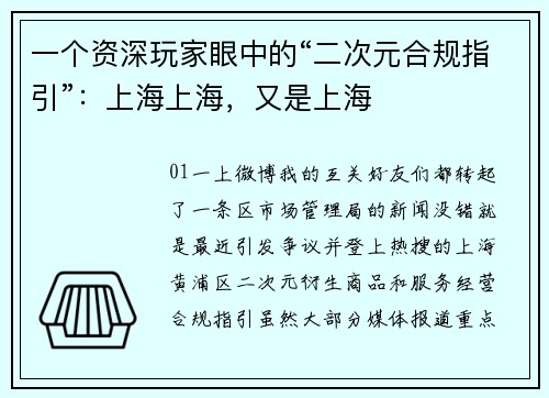 一个资深玩家眼中的“二次元合规指引”：上海上海，又是上海