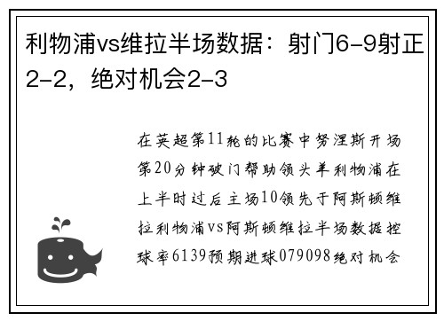 利物浦vs维拉半场数据：射门6-9射正2-2，绝对机会2-3