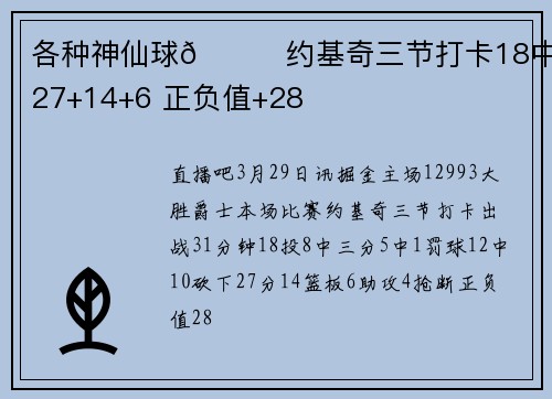 各种神仙球🃏约基奇三节打卡18中8轰27+14+6 正负值+28